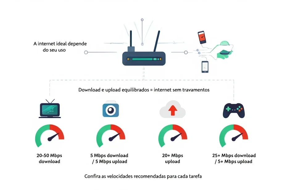 Infográfico mostrando as velocidades recomendadas de download e upload para atividades como streaming, jogos, chamadas de vídeo e trabalho remoto.