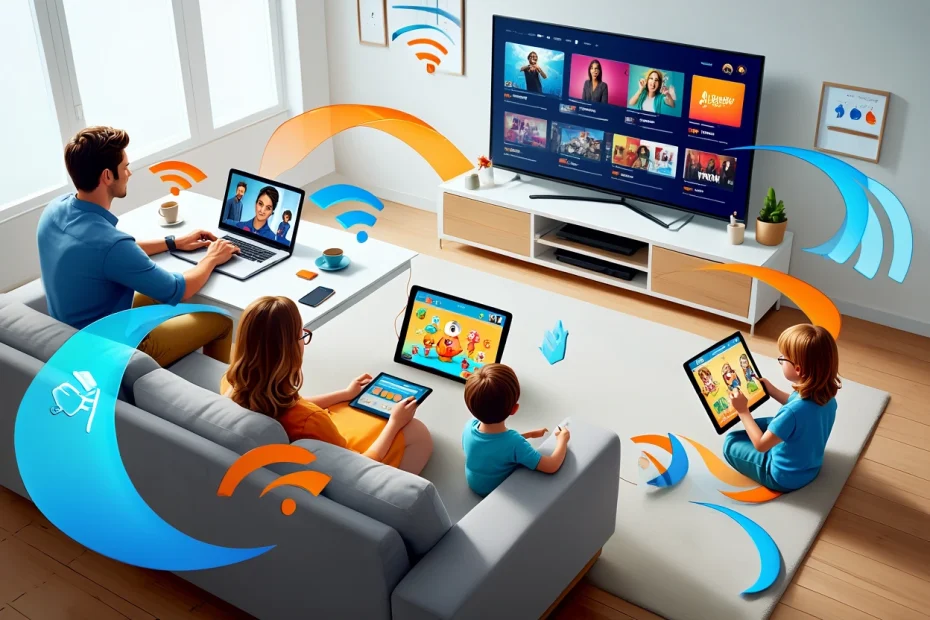 Família conectada em diferentes dispositivos – notebook, TV, tablet e videogame – ilustrando a necessidade de internet estável e rápida para conciliar home office, estudos e lazer.