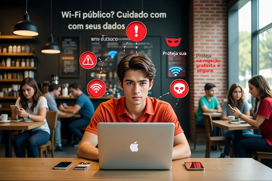 Pessoa usando Wi-Fi em local público com alerta de segurança digital ao redor, ilustrando os perigos de conexões abertas